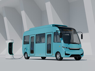 Electric Bus charging on monolithic background. Generic design. 3D rendering image.