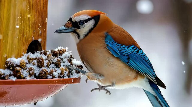 Eurasian jay feeding on winter bird feeder amidst falling snowflakes, Eurasian jay (Garrulus glandarius) on the winter bird feeder