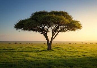 Obraz premium Lone acacia tree in savanna at sunset with golden sky.