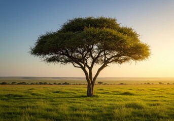 Obraz premium Lone acacia tree in savanna at sunset with golden sky.