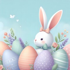 Cute Easter bunny with pastel eggs and spring flowers on a soft sky background. Perfect for festive, kid-friendly, and seasonal holiday designs.