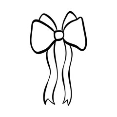 Hand drawn trendy bow made of wide ribbon with wavy ends. Wedding celebration, holiday, party decoration, gift, birthday concept. Coquette Aesthetic style. Elegant vector illustration.
