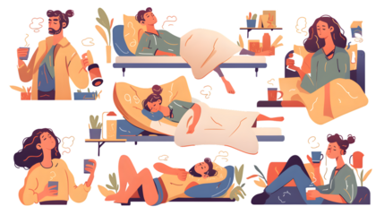 Diverse Group of Individuals Struggling to Wake Up - Vector Flat Illustration