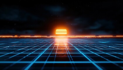 Futuristic digital landscape with glowing grid and sunrise in vibrant colors.