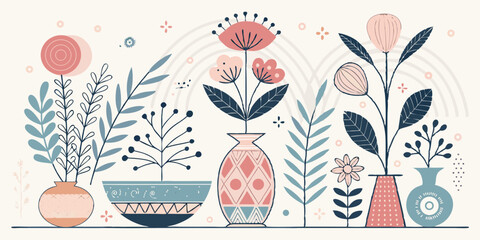 Floral abstract design with minimalist shapes and decorative elements, featuring stylized plants, vases, and geometric forms 