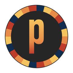 Gradient lowercase Letter p in Warm Orange, Red, and Yellow with Circular Frame in Blue, Red, and Yellow Tones, enclosed in a black frame.