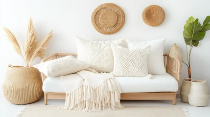 Cozy and Inviting Bohemian Living Room with Textured Decor and Neutral Tones