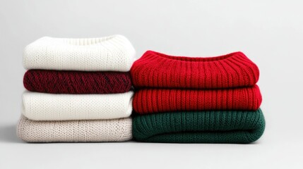 Cozy Stack of Holiday Sweaters in Red, Green, and White for Seasonal Fashion and Comfort