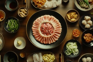 Plate of steamed BBQ pork bun surrounded by colorful small bowls with appetizing dishes. Concept of steamed BBQ pork bun showcasing delicious Asian cuisine and vibrant presentation.