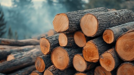 Freshly Cut Logs Stacked Neatly in a Rustic Forest Landscape with Soft Foggy Background