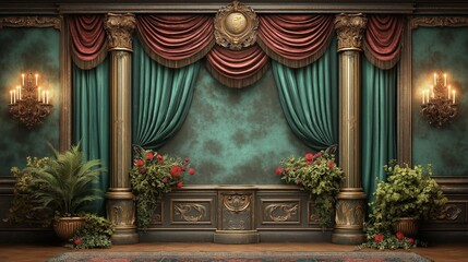 Luxurious Vintage Theater Interior with Ornate Curtains and Dramatic Decorative Wall Panels