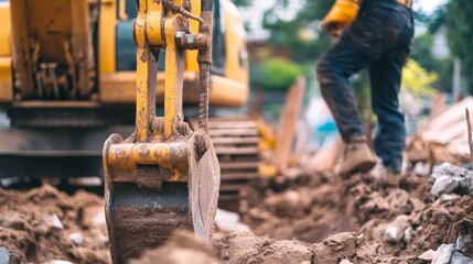 Construction worker operating an excavator to dig a foundation pit. Featuring strength and expertise
