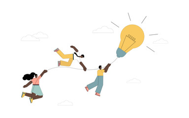 Teamwork. A group of people are flying on a light bulb. Implementation of the idea.eps