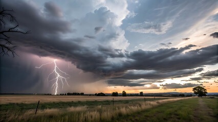 "Dramatic Lightning Strike Over Rural Field During Thunderstorm at Sunset"