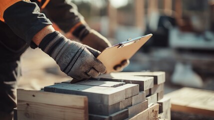Construction worker organizing materials on a building site. Featuring efficiency and teamwork