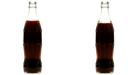 Two glass bottles filled with dark liquid against a plain black background in a studio shot
