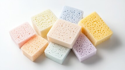 Colorful and Soft Kitchen Sponges Arranged on a Clean Surface for Cleaning and Household Use