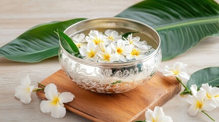 Elegant Silver Bowl with White Flowers Floating on Wooden Surface with Green Leaves