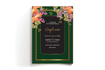 WEDDING INVITATION FRAME WITH FLOWER DECORATIONS AND FRESH LEAVES