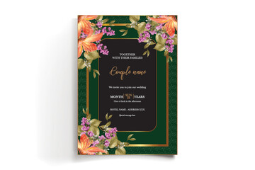 WEDDING INVITATION FRAME WITH FLOWER DECORATIONS AND FRESH LEAVES