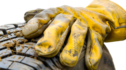 Professional Dirty Yellow Leather Mechanic Gloves Holding Car Tire Image