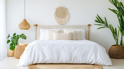 Serene Minimalistic Bedroom with Neutral Decor and Natural Elements in Soft Lighting