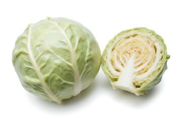 A large green cabbage is cut in half, revealing its white core. Concept of freshness and health, as the vibrant green color of the cabbage is contrasted with the white of the core