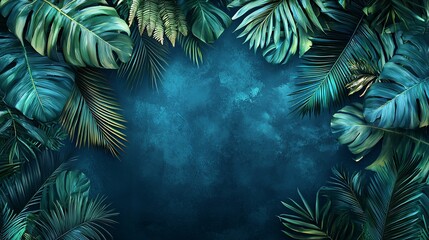 Tropical leaves frame a deep teal background
