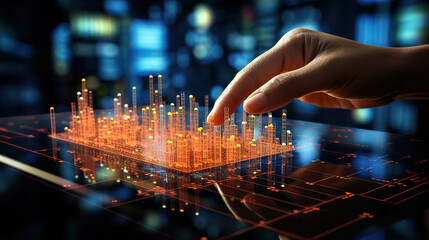 Financial analysis and profit growth represented by hologram hand and business graph