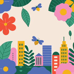 Obraz premium Serene Urban Skyline Filled With Vibrant Plants Colorful Butterflies Glowing Sunbeams Blending Lush Foliage Minimalistic City Designs Dynamic Textures For Relaxing Outdoor Holiday Scenes