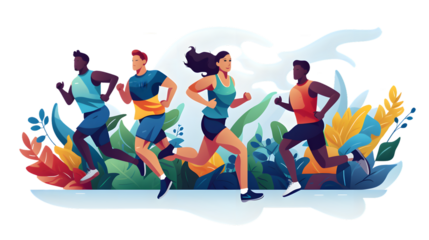 Multicultural Group Showing Teamwork and Speed in Competitive Race towards Success