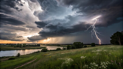 "Dramatic Lightning Strike Over Rural Field During Thunderstorm at Sunset"