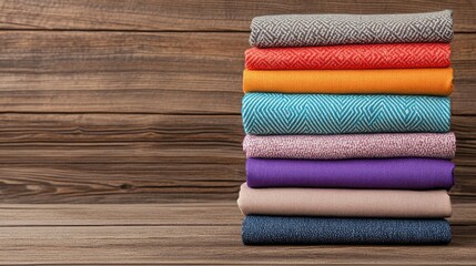 Colorful Stacked Fabrics on Wood Background in Textured and Vibrant Patterns for Design Use