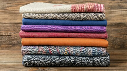 Stacked Fabrics of Various Textures and Colors on Rustic Wooden Surface
