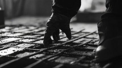 Fototapeta premium Construction worker placing reinforcement bars in a concrete slab. Featuring expertise and precision