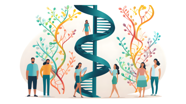 Genetic Concept with DNA Molecules, Man and Woman Holding Genes - Professional Scientific Illustration