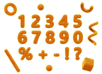3d orange fluffy numbers from 0 to 9. Fur digits with percent sign, question mark, exclamation point, plus, minus symbol and flying abstract geometric shapes cube, sphere, spiral line. 3D illustration
