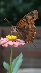 Naklejka premium Brown Butterfly on Pink Zinnia Flower Macro Shot