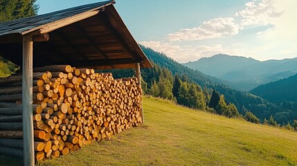Rustic Woodpile Under Shelter with Scenic Mountain View and Lush Green Landscape at Dusk