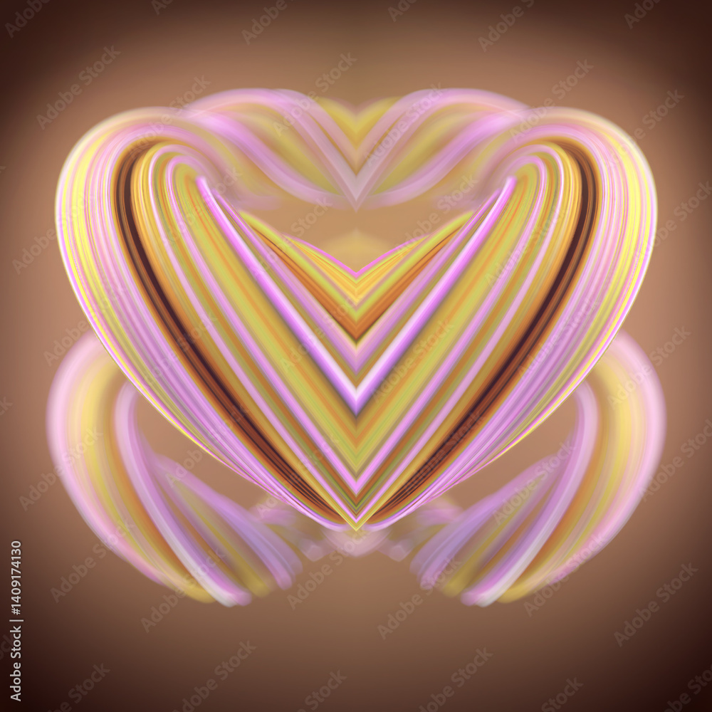 Poster A symmetrical abstract form of many thin lines curving in space. Gradients of pink and yellow create a soft glowing effect. 3d rendering digital illustration