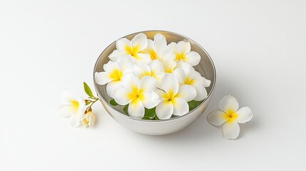 Obraz premium Fresh White Flowers with Yellow Center in Bowl on Minimalistic Background for Relaxation and Wellness