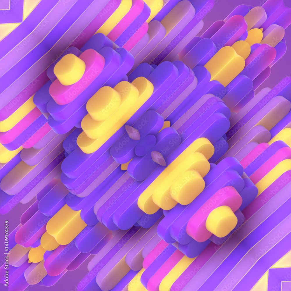 Poster Illustration of a symmetrical abstract pattern of a group of objects, purples, pinks and yellows. The composition creates a sense of futuristic architecture. 3d rendering