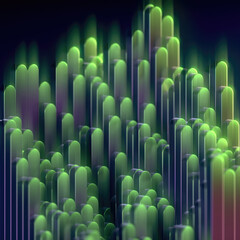 Digital scene with vertical structures of rounded shape colored in shimmering greens. Soft lights add a mysterious character to the image. 3d rendering