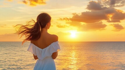 Fototapeta premium Woman in White Dress Watching Sunset Over Calm Ocean Waves with Golden Sky and Clouds