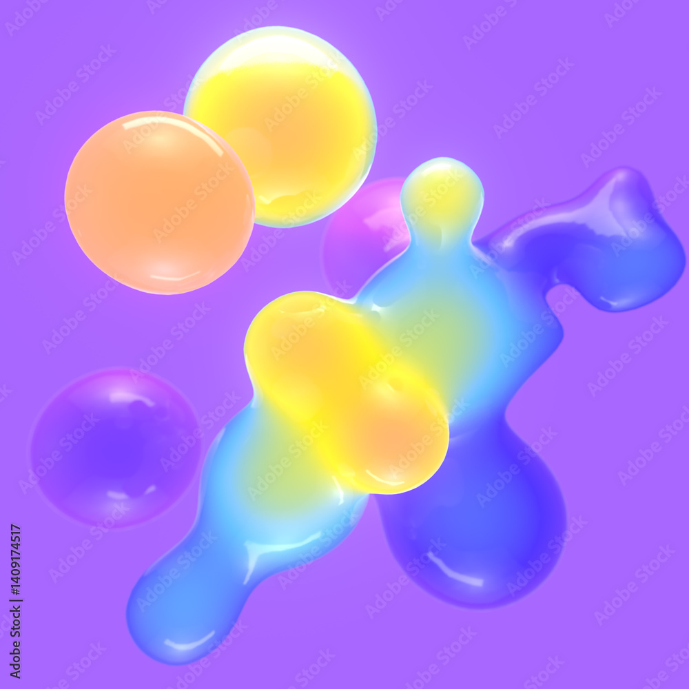 Fototapete Abstract digital composition with floating drops that resemble liquid shapes. Their rounded contours are filled with a colorful gradient on a purple background. 3d rendering
