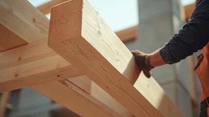 Construction worker positioning large wooden beams on a construction site. Featuring teamwork and precision