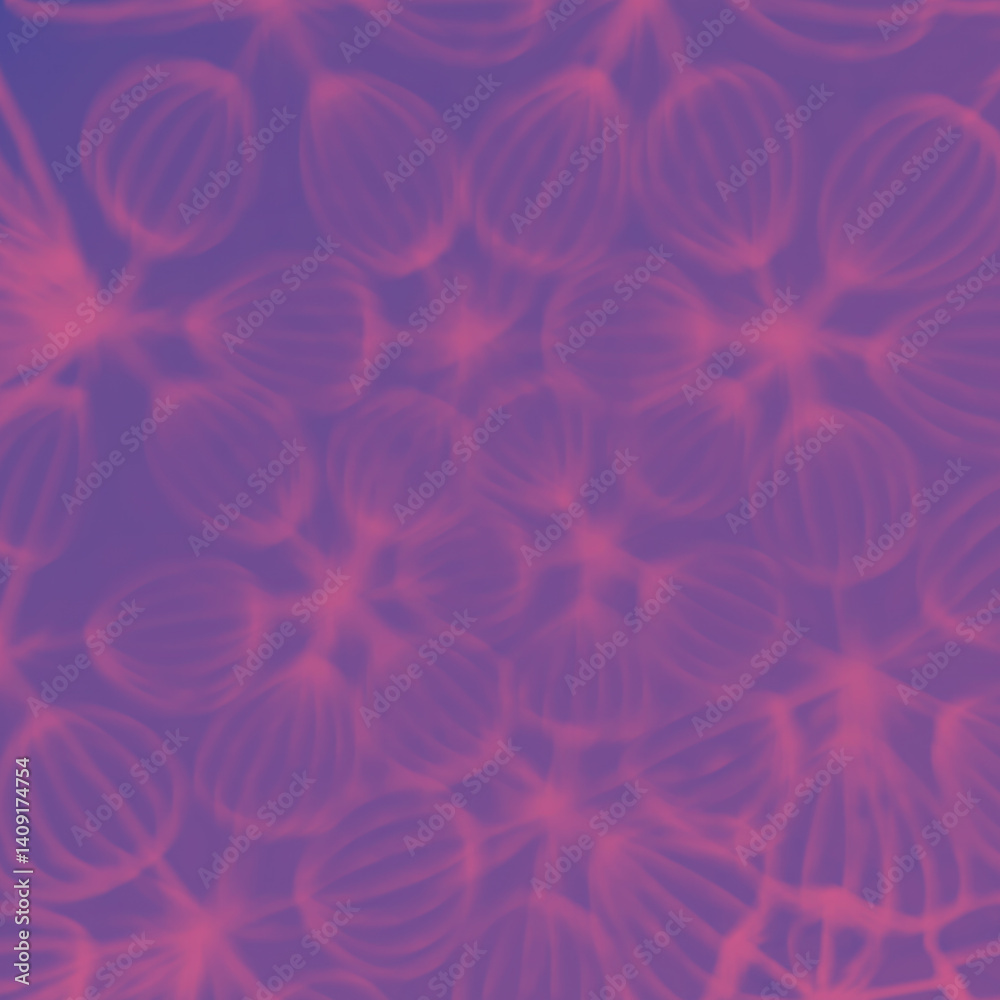 Poster Illustration of a geometric figure with smooth oval patterns created by thin lines glowing with soft pink light on a blue background. 3d rendering