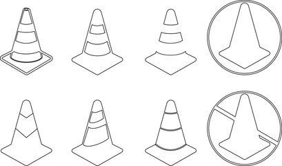 Road cone vector icon set. Warning for road construction work or car accident areas, markers to redirect traffic, separate or merge lanes. cone flat icon , caution, attention, transparent background