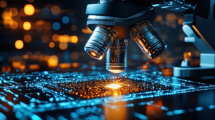 Microscope Examining Futuristic Circuit Board