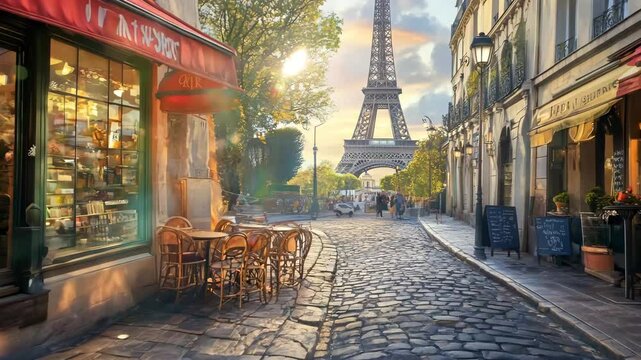 A red bicycle is parked in front of a cafe on a cobblestone street. The cafe is located in front of the Eiffel Tower, which is visible in the background. The scene is lively and bustling